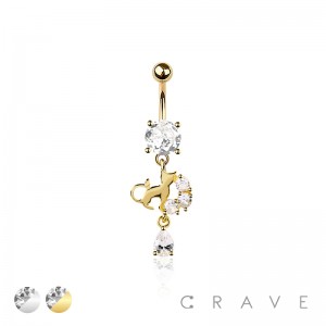 316L SURGICAL STEEL WHIMSICAL CAT DANGLE CZ DROP DANGLE BELLY BUTTON NAVEL RING 